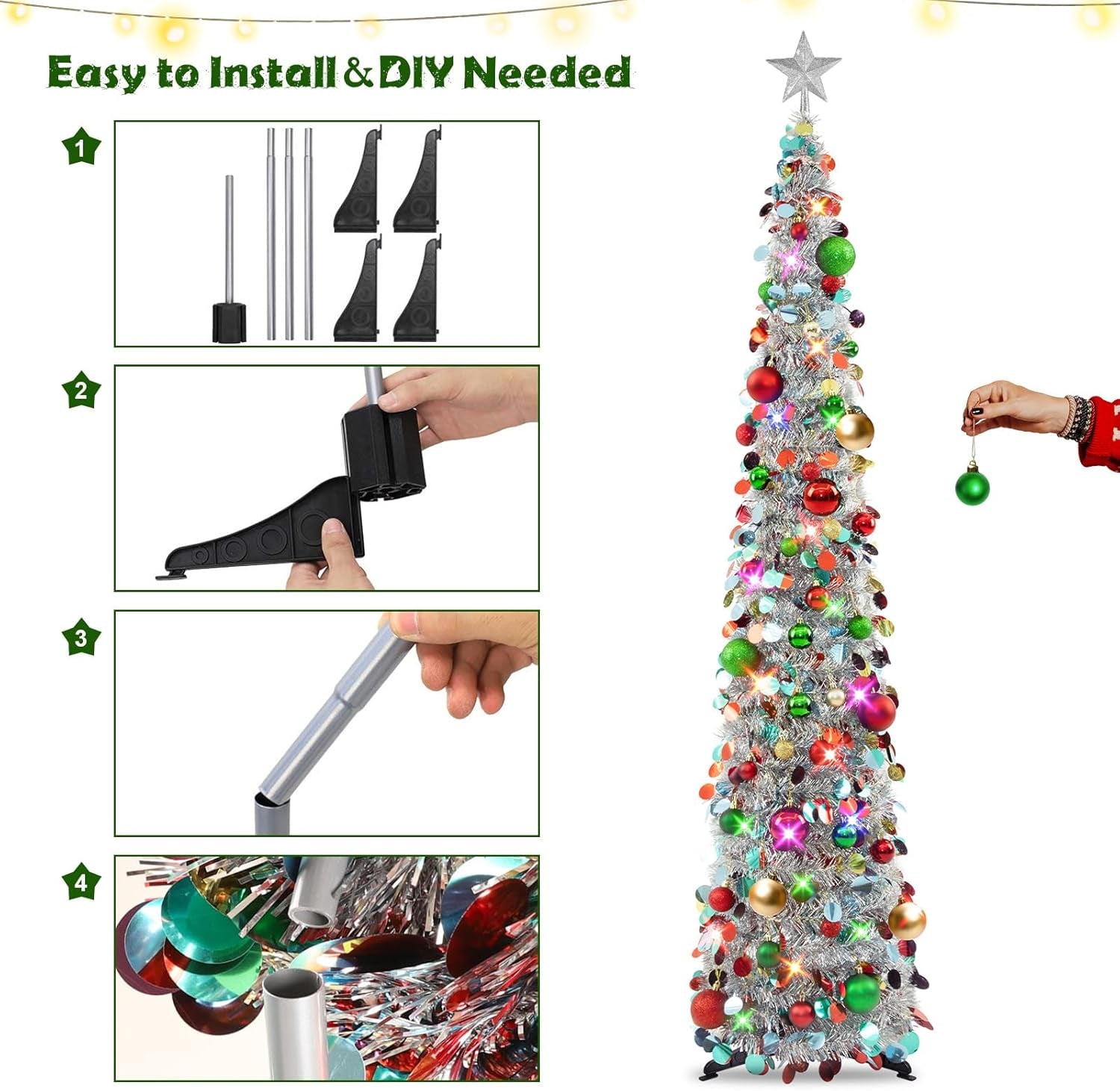 Pop up Christmas Tree with Lights, Collapsible Tinsel Xmas Tree Decorations, Pencil Christmas Tree Skinny Tree for Holiday Xmas Home Office Decor, 40 Balls, 6Ft, Silver