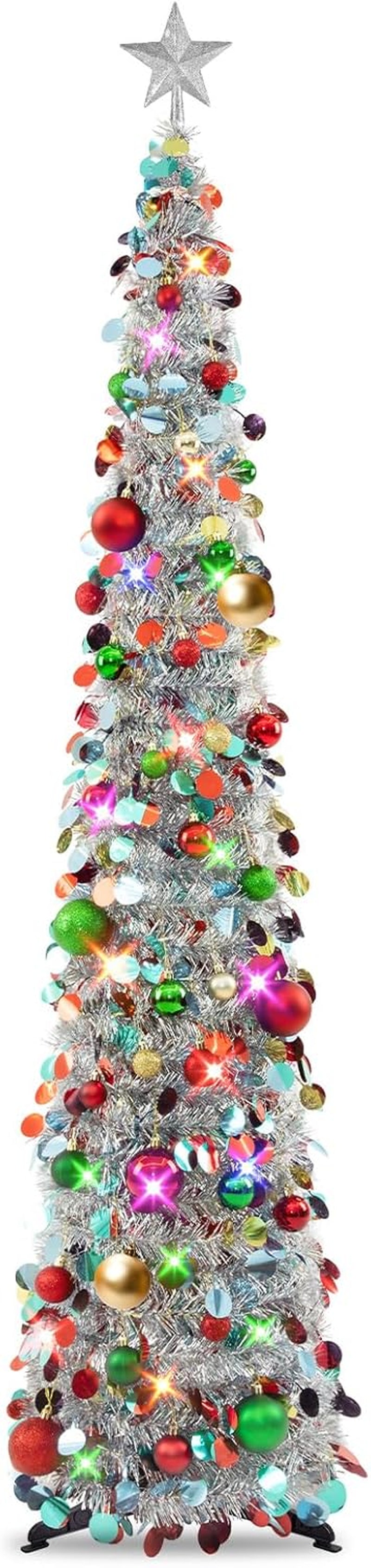 Pop up Christmas Tree with Lights, Collapsible Tinsel Xmas Tree Decorations, Pencil Christmas Tree Skinny Tree for Holiday Xmas Home Office Decor, 40 Balls, 6Ft, Silver