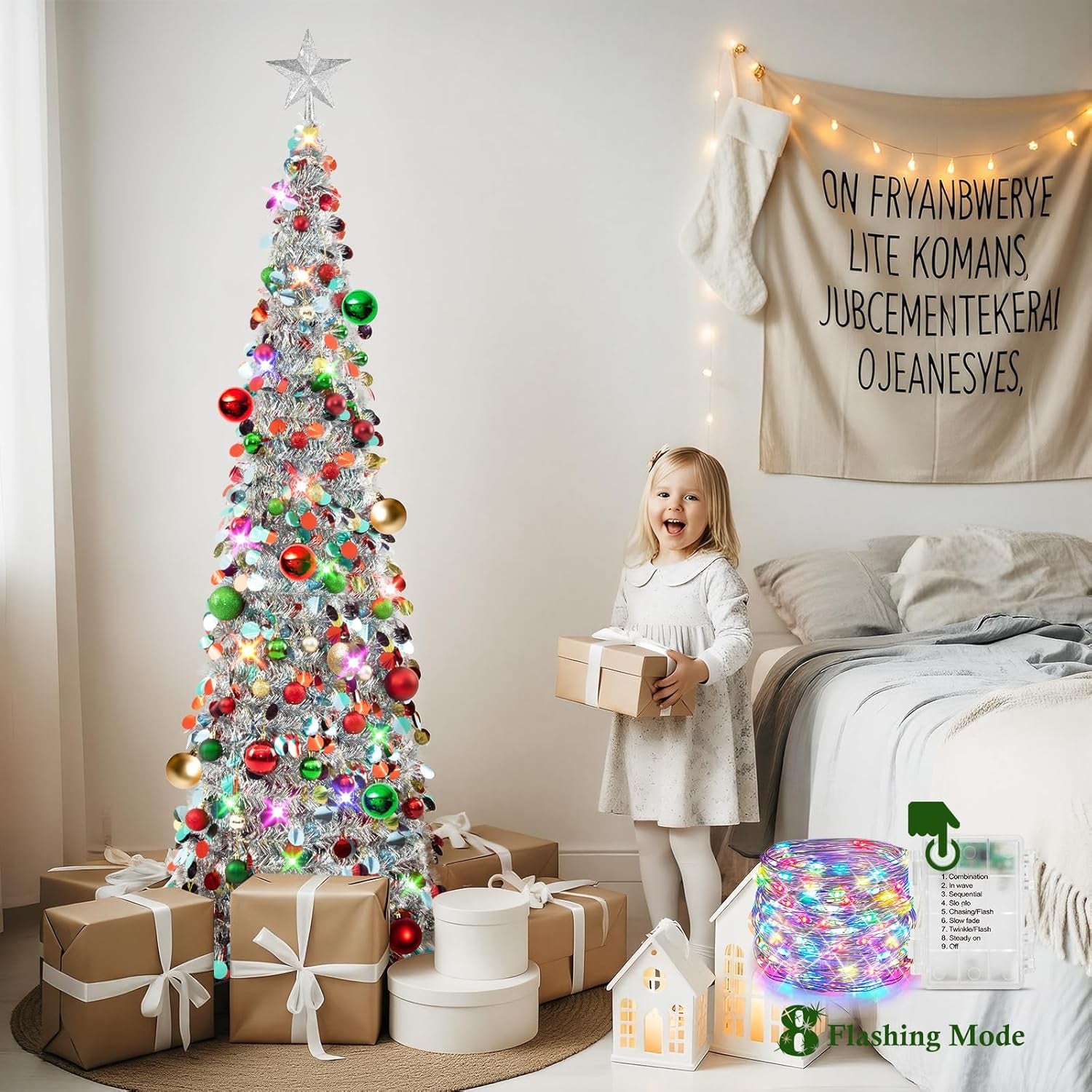 Pop up Christmas Tree with Lights, Collapsible Tinsel Xmas Tree Decorations, Pencil Christmas Tree Skinny Tree for Holiday Xmas Home Office Decor, 40 Balls, 6Ft, Silver