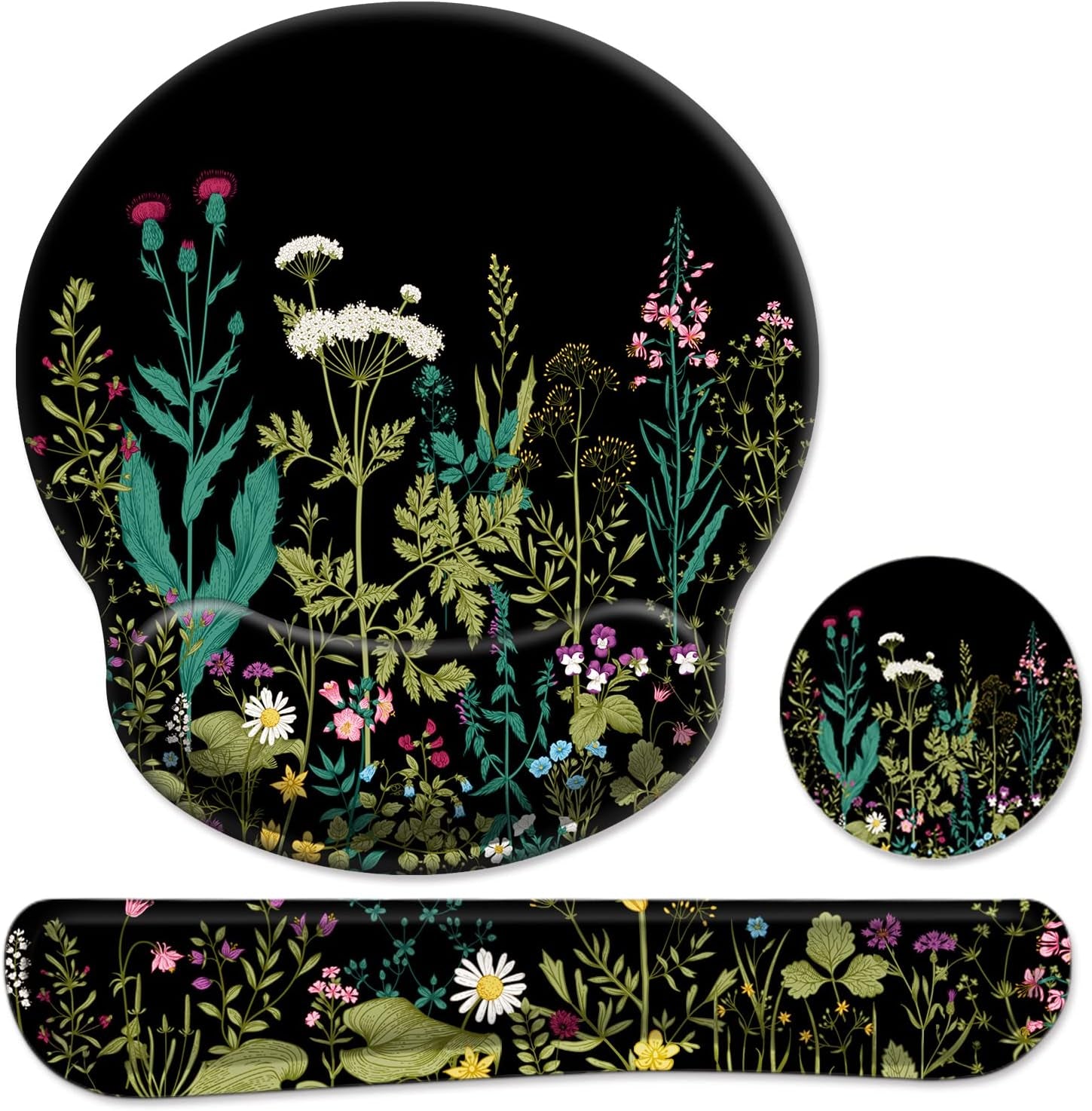 3 in 1 Ergonomic Mouse Pad with Wrist Support and Keyboard Wrist Rest Pad Set with Coaster, Wrist Pad with Non-Slip Rubber Base & Raised Memory Foam, Easy Typing & Pain Relief, Garden Flowers
