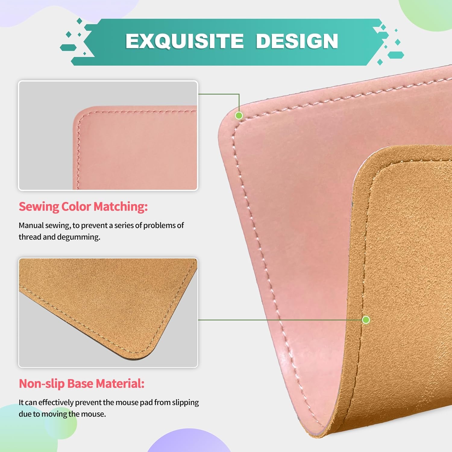 Mouse Pad, PU Mouse Pad,Leather Mouse Pad with Stitched Edge Micro-Fiber Base with Non-Slip Waterproof,Mouse Pad for Computers,Laptop, 8X11Inch (Light Pink)