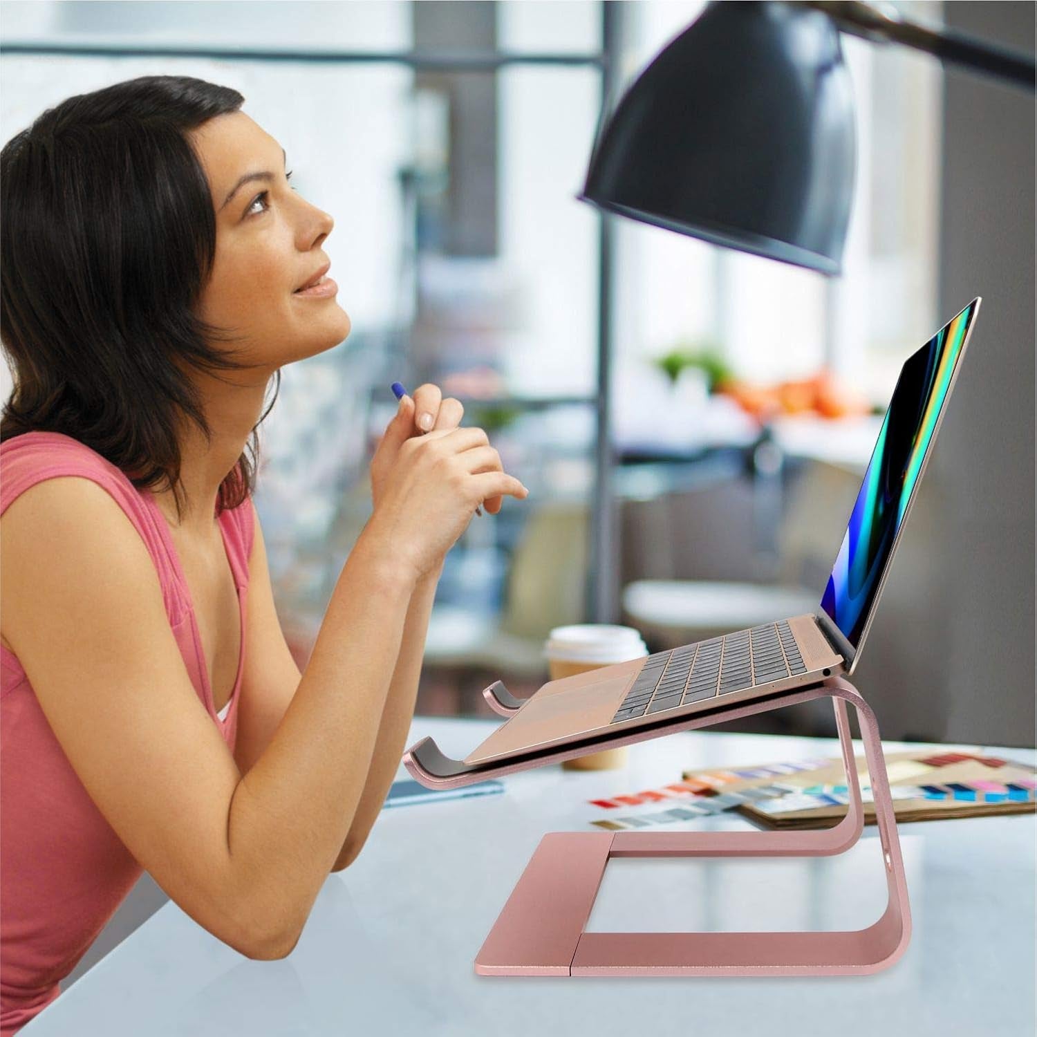 Ergonomic Aluminum Laptop Mount | Computer Stand & Holder - Compatible with Macbook, HP, Lenovo, Samsung, Huawei & More (10-17.3" Laptops) - Rose Gold