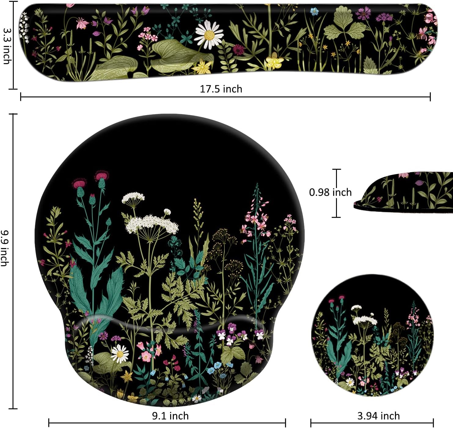 3 in 1 Ergonomic Mouse Pad with Wrist Support and Keyboard Wrist Rest Pad Set with Coaster,  Wrist Pad with Non-Slip Rubber Base & Raised Memory Foam, Easy Typing & Pain Relief, Garden Flowers