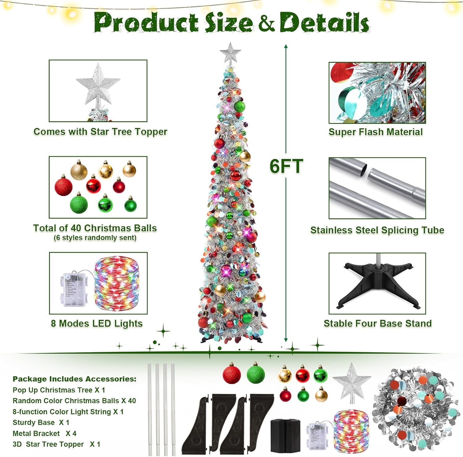 Pop up Christmas Tree with Lights, Collapsible Tinsel Xmas Tree Decorations, Pencil Christmas Tree Skinny Tree for Holiday Xmas Home Office Decor, 40 Balls, 6Ft, Silver