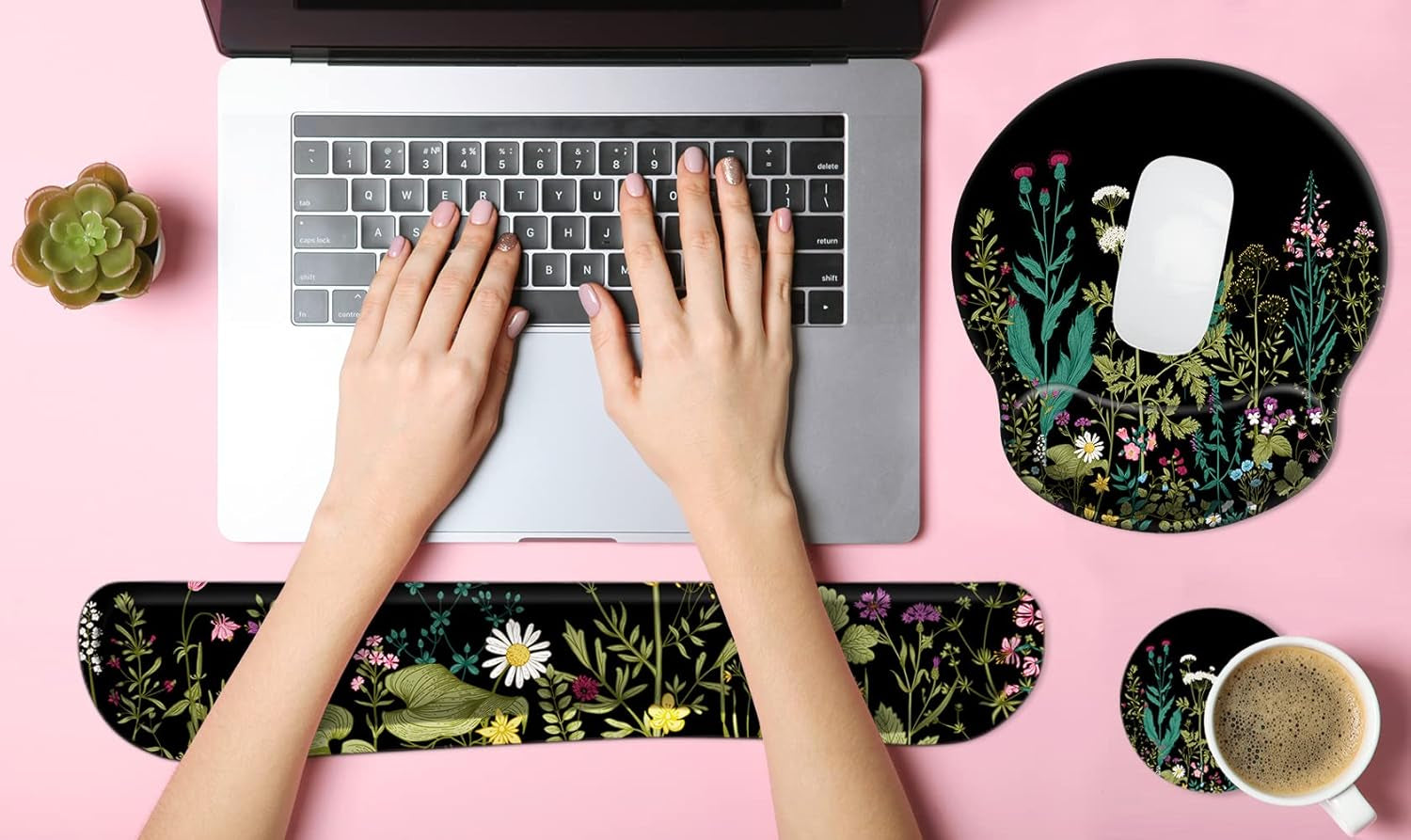 3 in 1 Ergonomic Mouse Pad with Wrist Support and Keyboard Wrist Rest Pad Set with Coaster,  Wrist Pad with Non-Slip Rubber Base & Raised Memory Foam, Easy Typing & Pain Relief, Garden Flowers
