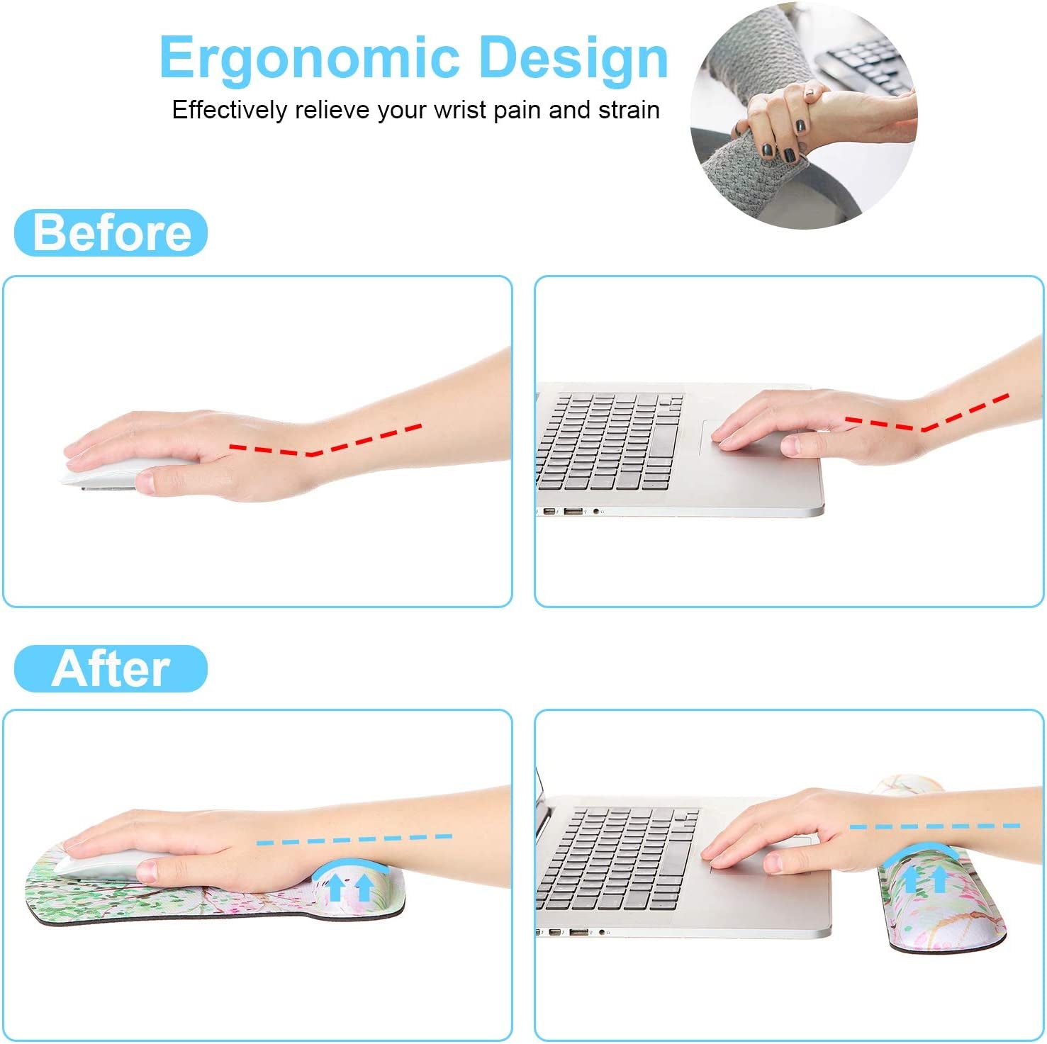3 in 1 Ergonomic Mouse Pad with Wrist Support and Keyboard Wrist Rest Pad Set with Coaster,  Wrist Pad with Non-Slip Rubber Base & Raised Memory Foam, Easy Typing & Pain Relief, Garden Flowers
