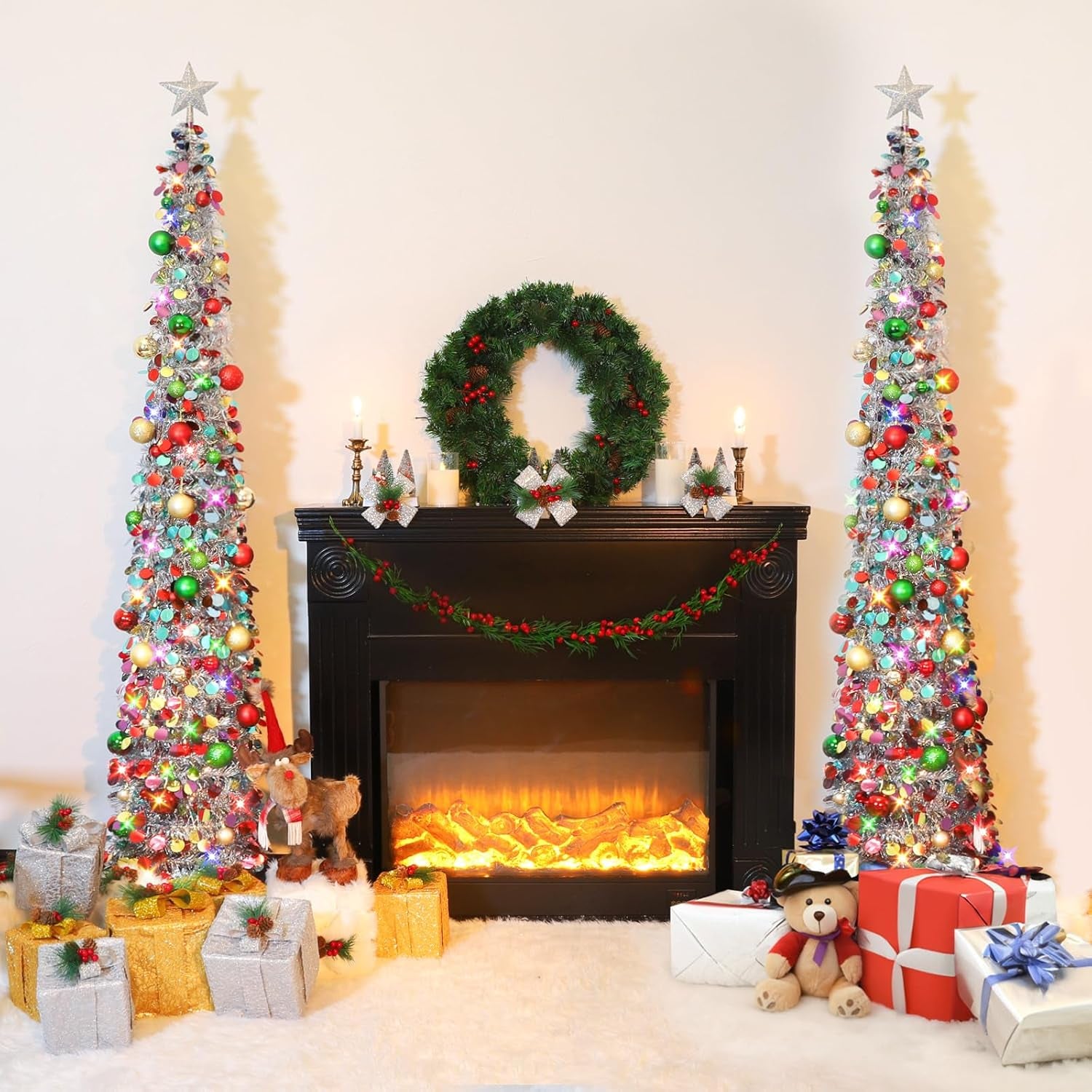 Pop up Christmas Tree with Lights, Collapsible Tinsel Xmas Tree Decorations, Pencil Christmas Tree Skinny Tree for Holiday Xmas Home Office Decor, 40 Balls, 6Ft, Silver
