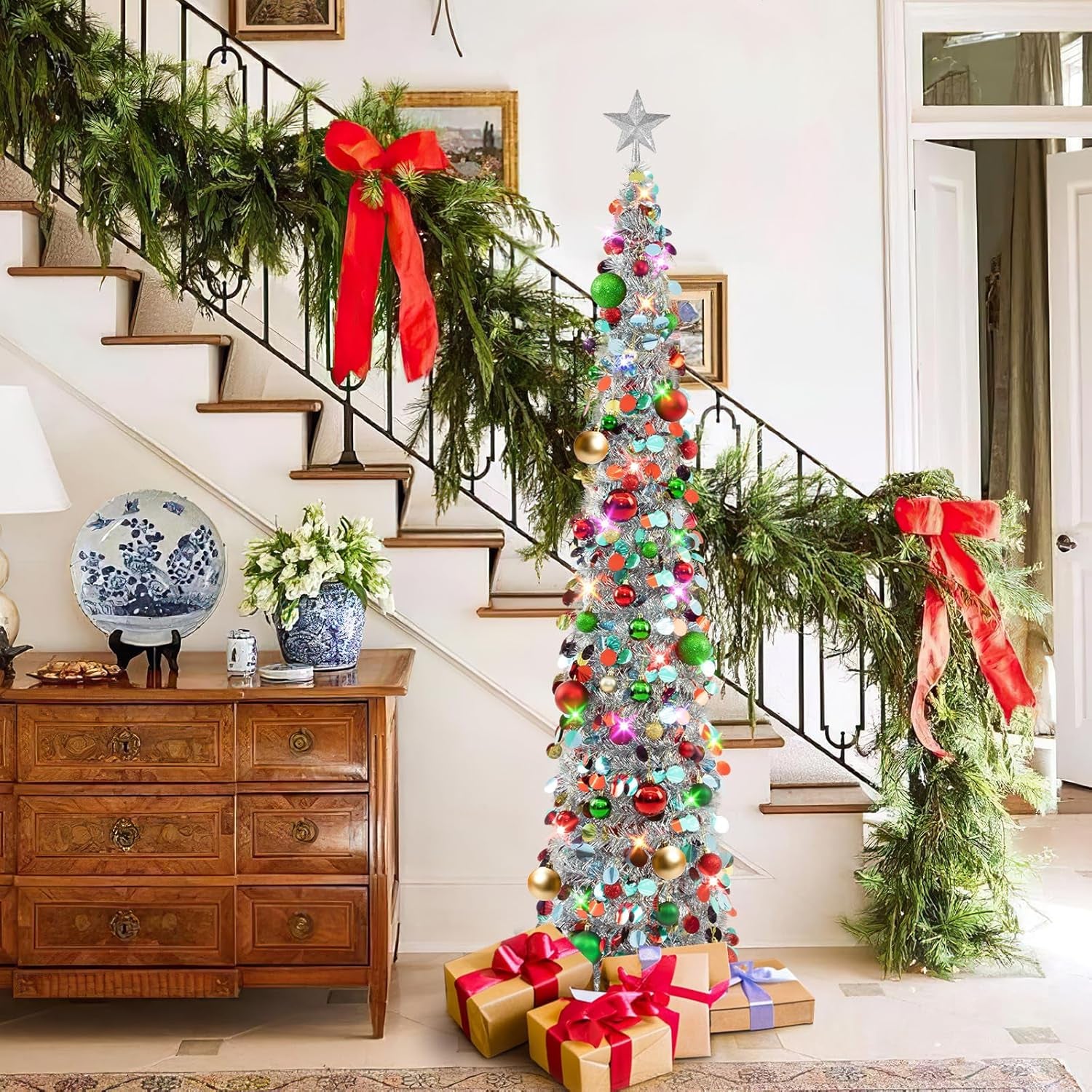 Pop up Christmas Tree with Lights, Collapsible Tinsel Xmas Tree Decorations, Pencil Christmas Tree Skinny Tree for Holiday Xmas Home Office Decor, 40 Balls, 6Ft, Silver