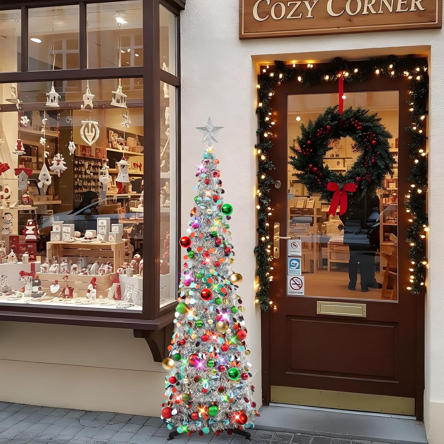 Pop up Christmas Tree with Lights, Collapsible Tinsel Xmas Tree Decorations, Pencil Christmas Tree Skinny Tree for Holiday Xmas Home Office Decor, 40 Balls, 6Ft, Silver