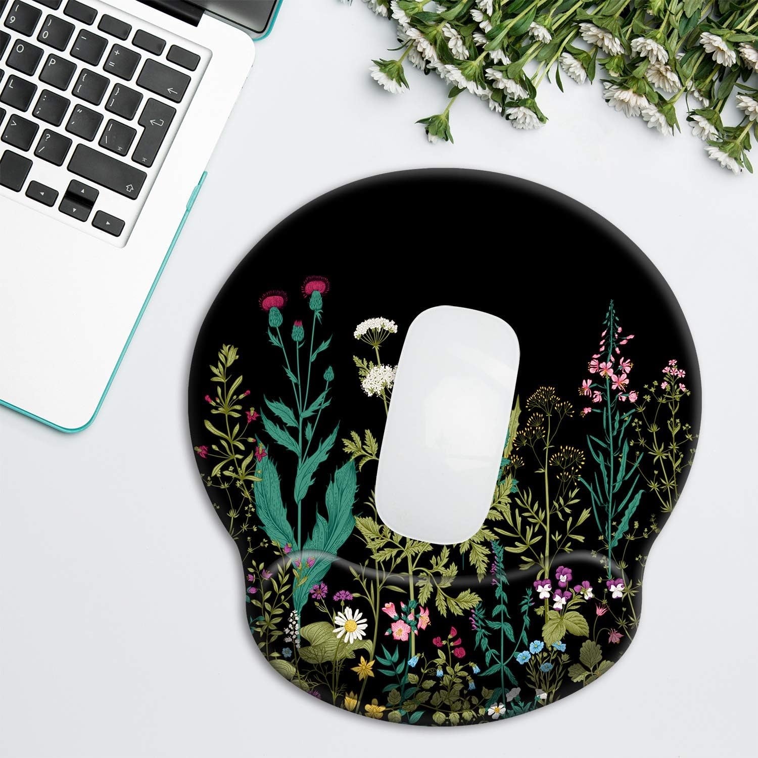 3 in 1 Ergonomic Mouse Pad with Wrist Support and Keyboard Wrist Rest Pad Set with Coaster,  Wrist Pad with Non-Slip Rubber Base & Raised Memory Foam, Easy Typing & Pain Relief, Garden Flowers